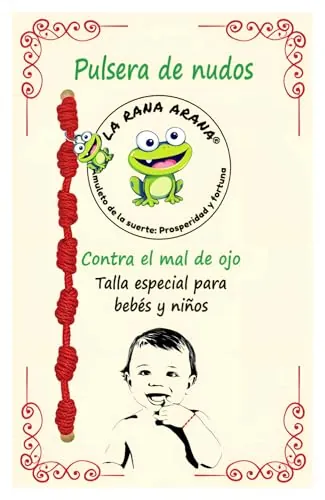 LA RANA ARANA® - Pulsera 7 nudos roja para bebés y niños - Hilo rojo protección energía negativa contra el mal de ojo - Amuleto para la buena suerte - Talla pequeña (Con rana)