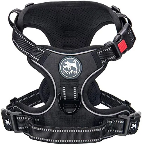 PoyPet Arnés de perro sin tirones, chaleco reflectante frontal para mascotas con control fácil, mango y parte trasera perfectos para el entrenamiento diario, paseos, carrera (Negro, L)