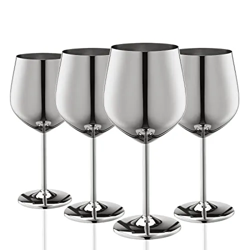 WOTOR Copa de vino de acero inoxidable juego de 4, 540ml inquebrantable metálicas Copas de vino, Adecuado para exteriores, viajes, camping, piscinas (Plata)