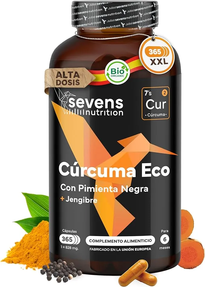Cúrcuma con Jengibre y Pimienta Negra - 1410 mg por Dosis - 365 Cápsulas Formato Ahorro XL - Cúrcuma ECO en Cápsulas Veganas - Antiinflamatorio Natural - Apoyo Óseo y Articular - Sevens