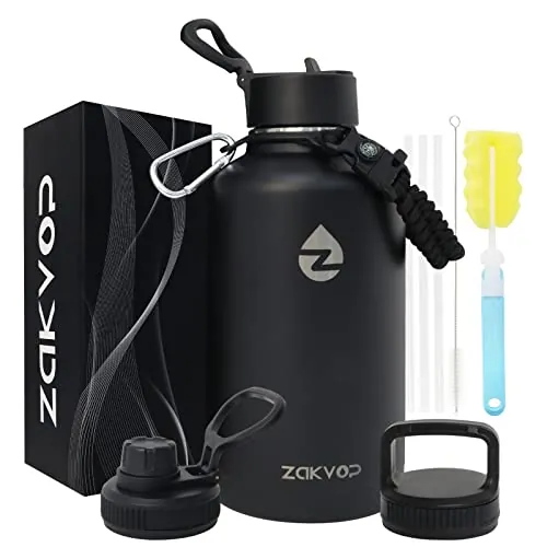 ZAKVOP Botella Termica 2 Litros, Termo Inoxidable con Pajitas y 3 Tapas | Acero Inoxidable 18/8,Doble Pared,Bebidas Frías y Calientes,Asa Paracord,Con Pajita,Sin BPA,Ideal Para Gimnasio y Viajes