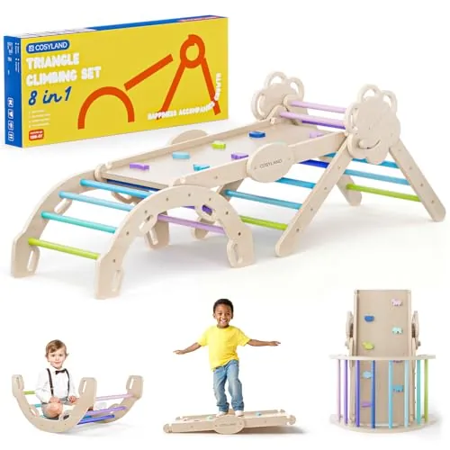 COSYLAND 8 en 1 Triángulo de Escalada Montessori con Arco y Rampa, Set Plegable Infantil, Juguete de Madera Resistente para Interior, Niños 18 Meses-6 años, Natural/Colores Fríos, Grande