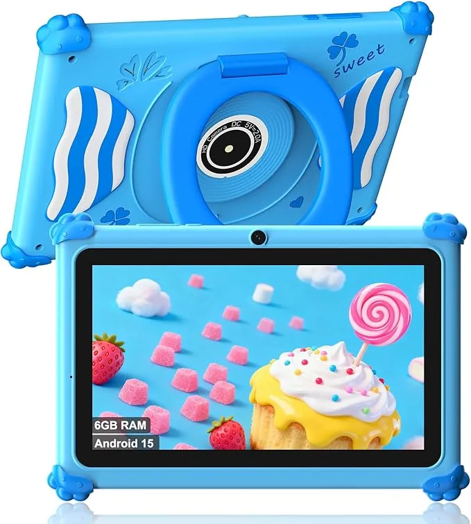 ascrecem Tablet Niños 7 Pulgadas Android 15 Tablet para Niños con 2.4G+5G WiFi6 Penta Core 6GB RAM 32GB ROM Tableta Infantil Doble Cámara 128GB Expandible Control Parental Juegos Educativos (Azul)