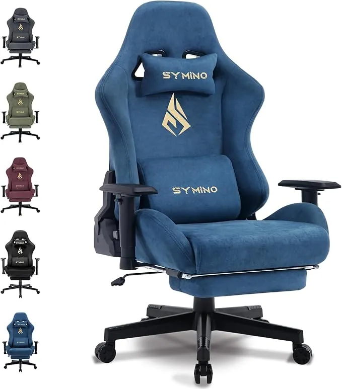 Symino Silla Gaming Ergonómica con Reposapiés, 150° Reclinable: Soporte Lumbar y Reposacabezas Regulable, Ajustable en Altura, Soporta hasta 200kg (Blue)