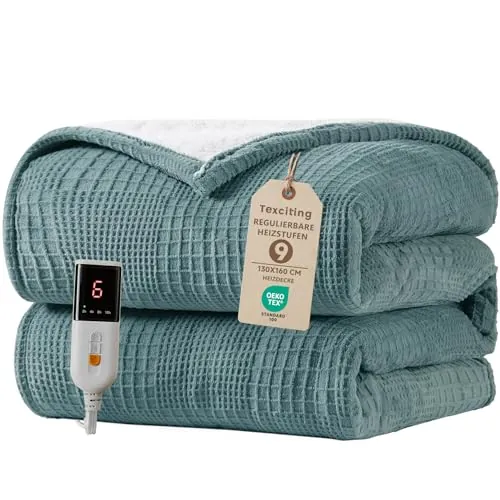 Texciting Manta Eléctrica Grande 130x160cm,Lavable en Lavadora,Verde | Manta Térmica Suave Tiempo Ajustable 2-10h,9 Niveles de Calor,Ideal para Sofá y Cama,Regalo para Mujer
