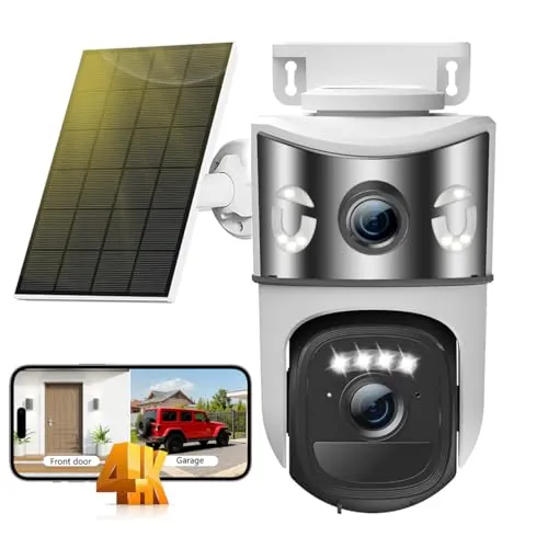 Calike 8MP Cámara Vigilancia WiFi Exterior Solar con Doble Lente, Panel Solar 6W, 360° PTZ,Visión Nocturna en Color,Audio Bidireccional,Detección Humana PIR, 2.4GHz,IP66