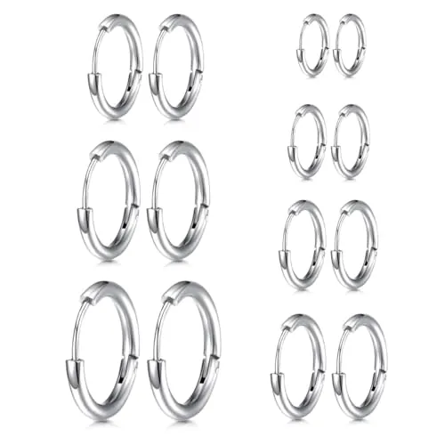 COYUN 7 pares de pendientes de aro de plata para hombres y mujeres, Pendientes de Aro de Cartílago, Pendientes de Aro Pequeños de Acero Inoxidable para unisexo, ligero, hipoalergénico, 8-20 mm, plata