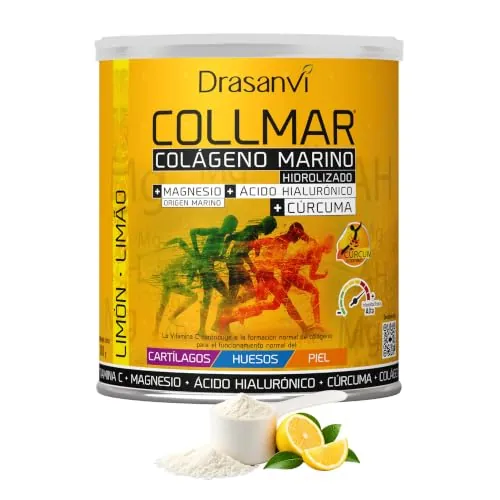 Drasanvi COLLMAR Colágeno Marino Hidrolizado + Cúrcuma con Magnesio, Vitamina C, Ácido Hialurónico para bienestar articular y muscular, asimilación 9.355 mg/día, 300 g de polvo = 26 días, Sabor Limón
