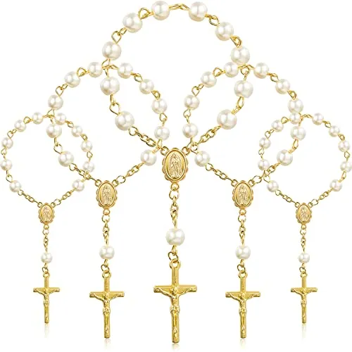 Yaomiao 30 Rosarios de Bautismo Rosario de Cuentas de Acrílico Rosarios de Bautismo de Dedo Perlas de Imitación para Favores de Bautizo Favores de Comunión Bodas (Cadena de Oro Perla Marfil)
