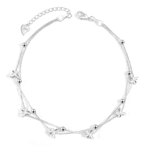 YELUWA Mariposa Tobilleras Plata de Ley 925 para Mujer Tobilleras Pulseras Verano Descalzo Playa Ajustable 23+2.5cm Regalos de Joyería