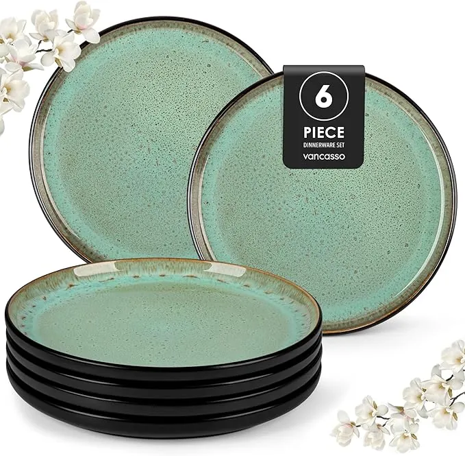 vancasso serie AMBER Set de 6 Platos Llanos - 26 cm - Platos de Gres para Ensalada Desayuno, Apto para Lavavajillas y Microondas, Esmalte Reactivo Verde
