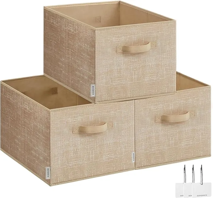 SONGMICS Cajas de Almacenaje Plegables, Juego de 3 Cestas de Tela, 40 x 30 x 24 cm, Organizadores de Armario, 2 Asas, Portaetiquetas, para Dormitorio, Salón, Beige Arena ROB440K01
