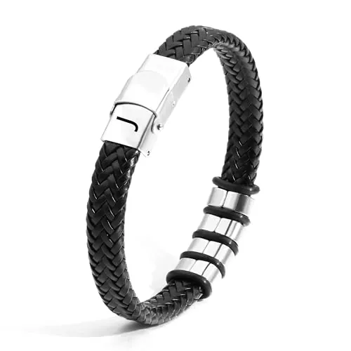 SAMINO Cuero Negro 26 Pulseras de Acero Inoxidable de Primera Letras Para Hombres Pulseras Colgantes de Letra A - Z Tejidas Pulseras Regalos Para Marido Padre Hijo Novio Tío (J)