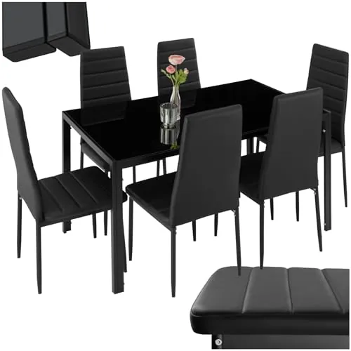 tectake® Conjunto de Mesa y 6 Sillas de Comedor, Atractivo Diseño, Alto Confort, Tablero de Vidrio, Sillas Comedor Modernas, Sillas de Cocina, Muebles Salon Modernos - Negro/Negro