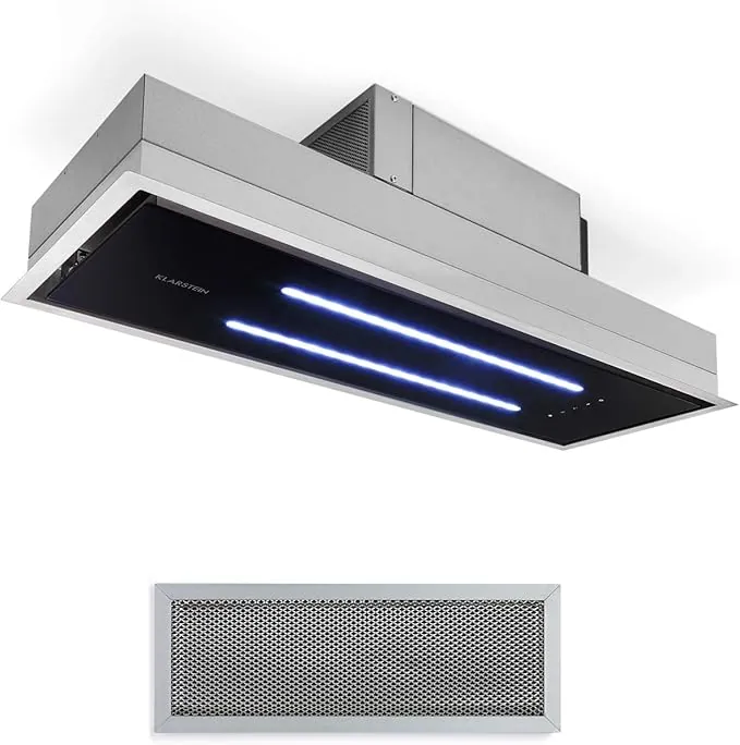 Klarstein High Line Campana extractora de techo - Campana bajo mueble o encastrable, Marco ancho 90 cm, Vidrio satinado, 75 W, 3 niveles potencia, Potencia extracción 410 m³/h, 2 luces led 4 W, Negro