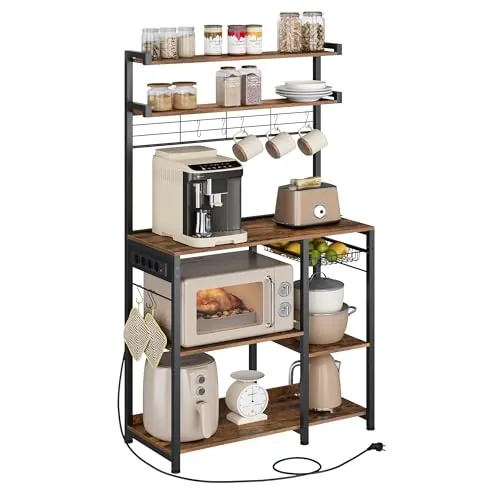 VASAGLE Estantería de Cocina con Enchufes, Estantería de Panadería, Barra de Café, 8 Ganchos en S, Cesta, Especiero, 40 x 90 x 165,5 cm, Marrón Rústico y Negro Tinta KKS031K11