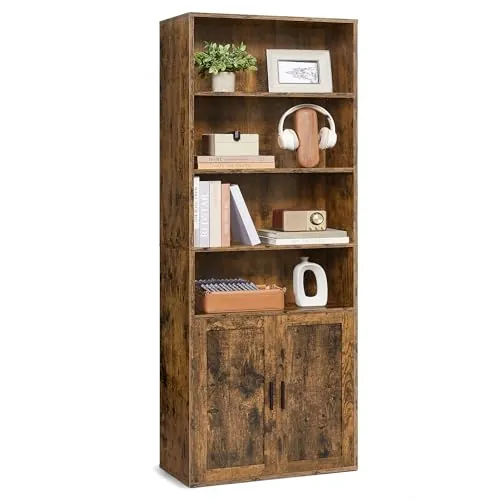 VASAGLE Librería, Estantería Vertical de 6 Niveles, con Puertas, 24 x 60 x 175 cm, para Salón, Estudio, Oficina, Comedor, Marrón Rústico LBC402K01