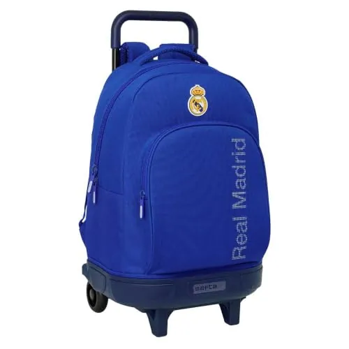 Safta | Mochila Grande con Ruedas Real Madrid Compact Extraíble, Lavable, Espalda y Hombreras Acolchadas, Gran Capacidad, Portabotellas, Base Reforzada, Fabricado en España, Medidas 33x22x45 cm