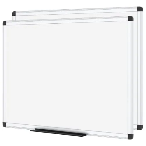 VIZ-PRO Pizarra blanca magnética de pared 120x90cm, pack de 2, marco de aluminio, para oficina y aula