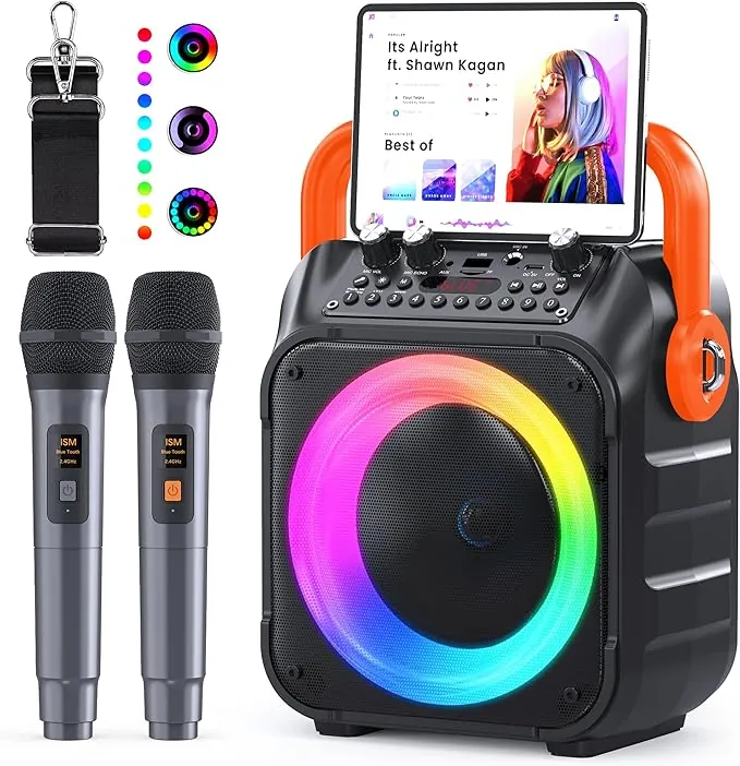 Ankuka Karaoke 2 Microfonos Inalambricos Karaoke Profesional Altavoz con Microfono y Sistema PA, Soporta Bluetooth/TV/TF/USB/AUX/FM/TWS(Naranja)