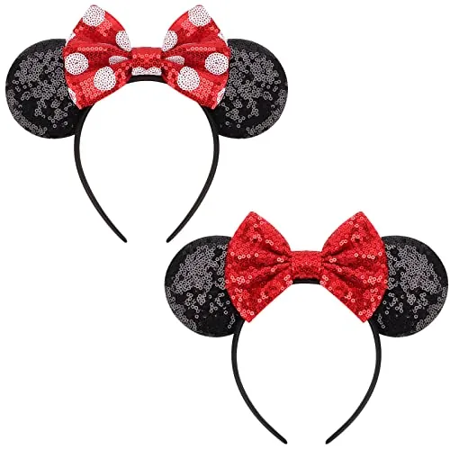 DRESHOW Orejas de ratón Diademas con lazo Decoración de fiesta con purpurina Disfraz de cosplay para mujeres