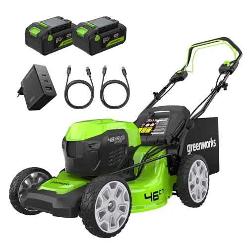 Greenworks 48V (24V x 2) Cortacésped de Batería Autopropulsada para Céspedes Grandes Hasta 480 m², Ancho de Corte 46 cm, Bolsa de 55L MÁS Dos Baterías 24V de 4Ah y Cargador Doble,GD24X2LM46SPK4X