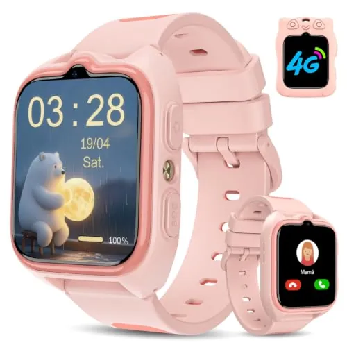 IOWODO 4G Reloj Inteligente Niño con Videollamada & GPS, Smartwatch Niños con SOS, Linterna LED,Chat de Voz,Batería de 800 mAh, Modo Clase,Podómetro,Cámara, IP68, Regalo y Juguete para Niñas y Niños
