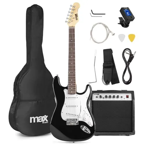 MAX GigKit - Pack guitarra eléctrica 4/4 con amplificador de 40W, negro
