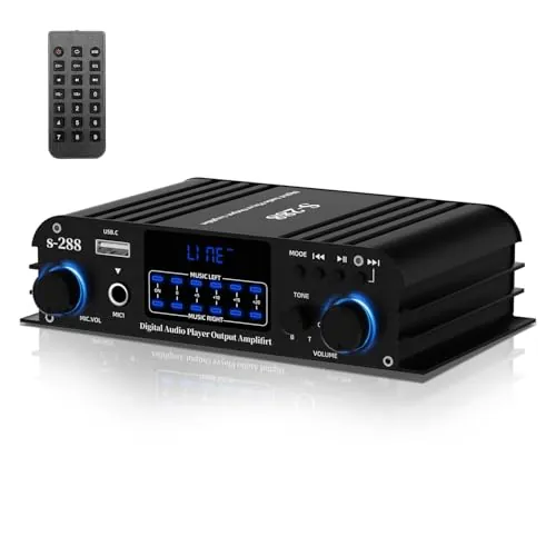 4 Canales Amplificador, 1200W Audio Estéreo Amplificador, Bluetooth 5.0, Mini Hi-Fi Digital Amperio Integrado para los Altavoces del hogar 35W x4, SD/FM/Micrófono