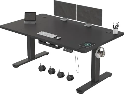 Devoko Escritorio Elevable 140x80cm con Tablero de 18 mm, Ruedas y Puerto Type-C, Escritorio Eléctrico, Regulable en Altura con Bandeja de Gestión de Cables (Negro)
