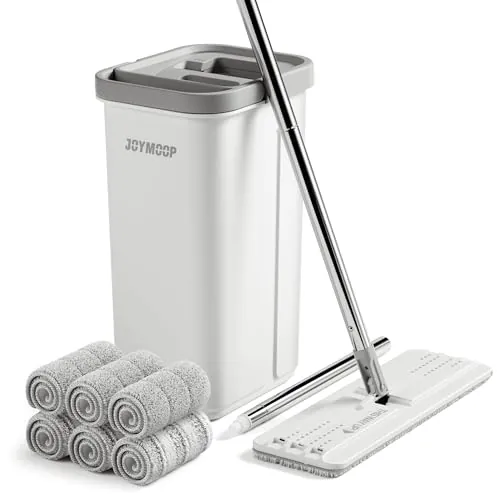 JOYMOOP Juego de fregona y Cubo con escurridor, Juego de Cubo Plano Blanco para Limpieza de Suelos, Limpiador de Pared con Mango Largo, trapeador de Piso de Madera Dura, trapeador de Cabeza Plana, 6