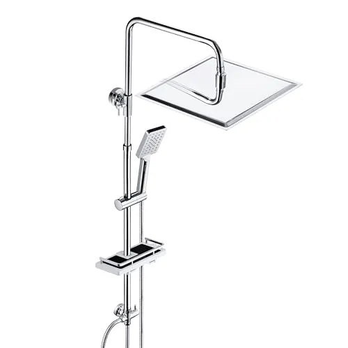 JOHO Columna de Ducha en Acero INOX sin Grifo Termostático, Conjunto ducha con Barra Ducha Altura Adjustable, Cabezal Ducha Lluvia 30x30 cm y Estante, Cromo