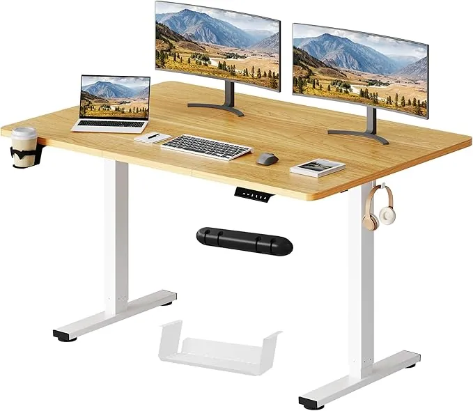 SANODESK Escritorio Elevable Eléctrico 140cm, Regulable en Altura con Memoria, Estable y Silencioso, Soporte hasta 100 kg, con Gancho y Portabotella, Oficina y Hogar (Arce)