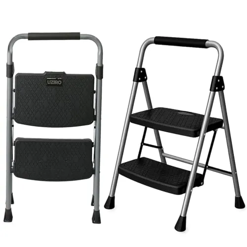 UZIRO Escalera Plegable 2 Peldaños, Estructura de Acero y Aluminio, Color Plateado, Peldaños Antideslizantes, Asa de Goma, para Hogar, Cocina, Oficina y Bricolaje