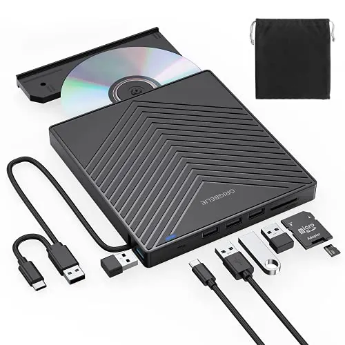 ORIGBELIE Lector CD DVD Externo, USB 3.0 y Type-C CD/DVD +/-RW Drive