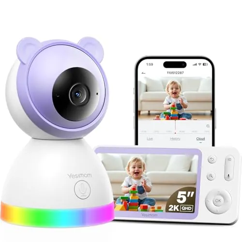 YESIMOM 2K/3MP Camara Vigilancia Bebe Inalámbrica con Pantalla 5" IPS y 360° PTZ, Vigilabebes con WiFi y App, Visión Nocturna, Detección de llanto/Movimiento, Audio Bidireccional, Nanas, VOX(1PCS)