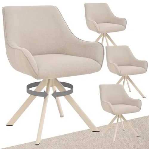 Goeurvant Juego de 4 sillas de comedor giratorias con reposabrazos – Silla acolchada 360° giratoria de lino moderna, silla de cocina con estructura metálica beige y respaldo para comedor, sala de