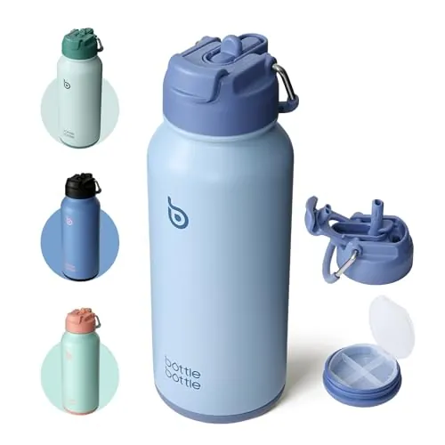 BOTTLE BOTTLE Botella de agua aislada de 32 onzas, botella de agua deportiva de acero inoxidable con pajilla, diseño de tapa de doble uso para gimnasio con pastillero (azul)