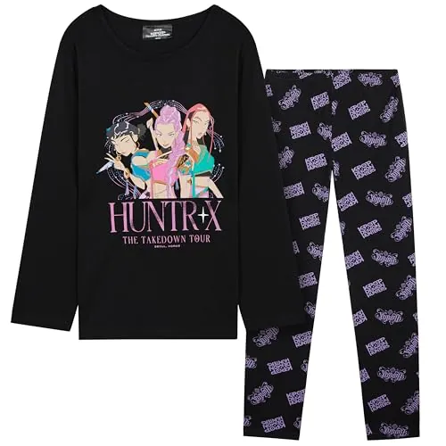 KPop Demon Hunters Oficial Huntrix Pijama Manga Larga Niña Chica, 5-14 Años, Guerreras KPOP Regalos (5-6 Años, Negro Huntrix AOP)