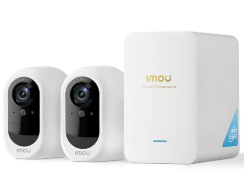 Imou 2 Cámaras Vigilancia Exterior/Interior WiFi 5MP+Hub IA-32GB Incl. IP67 | Hub IA: Rostros, Seguimiento entre Cámaras, Resumen Diario; Solar 3W+Batería 5000mAh; AOV 24/7; WiFi 6 Doble Banda 2.4/5 GHz