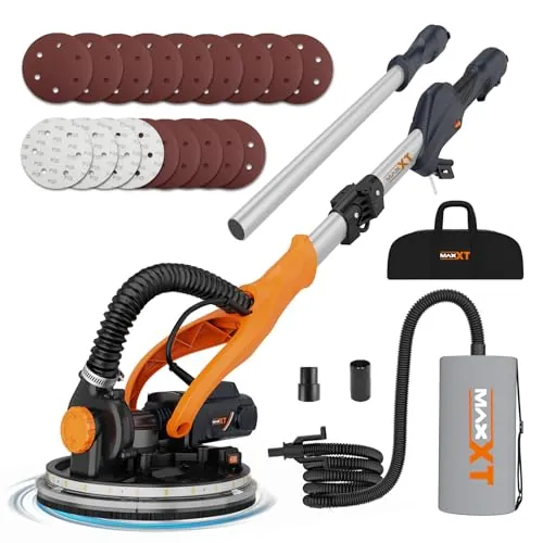 Lijadora Jirafa MAXXT 820W: plegable con tubo de extensión (110 cm/165 cm), velocidad ajustable (600-1900 rpm), LED, borde lateral desmontable, 6 tipos de papel de lija para paredes y techos