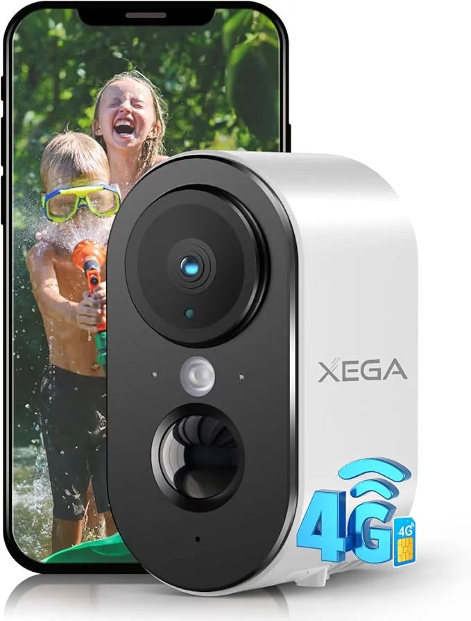 Xega 4G LTE Cámara de Vigilancia con Tarjeta SIM Interior, 2K HD LTE Cámara de Seguridad Portátil sin Wi-Fi, Batería 6000mAh, Detección de Movimiento PIR, Color Visión Nocturna, IP65