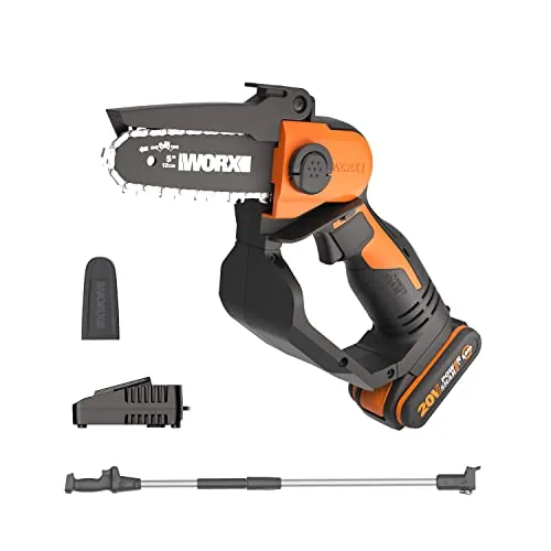 WORX Minimotosierra a batería 18 V (máx. 20 V) WG324E.1, PowerShare, 12 cm, carril de guía de baja vibración, ligera y portátil, 1 batería y 1 cargador incluido