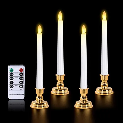 cimetech 4er Velas cónicas sin llama, funciona con pilas LED | con temporizador remoto para cenas iglesias, mesa, bodas, fiestas de cumpleaños, decoración