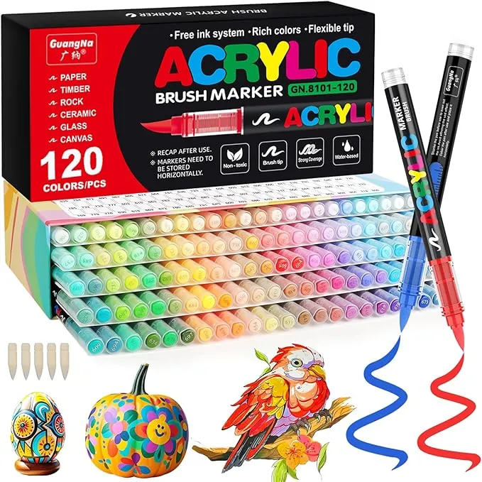 Funnasting 120 Color Rotuladores Acrilicos, Cabeza de Cepillo Suave Rotulador Acrilico, Marcadores Acrílicos para Colorear Vidrio, Pinturas Rupestres y Artículos de Artes y Oficios de Bricolaje