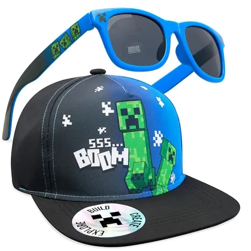 Minecraft Gorra Niño y Gafas de Sol Proteccion UV 100% Creeper Gorra de Béisbol Gafas Sol Verano Regalo para Niños y Adolescentes (6-14 Años, Negro/Azul)
