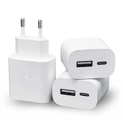 3 Pack Cargador USB C, 25W Múltiple Enchufe PD+QC Rápido, Cabeza Cargador Movil Adaptador Tipo C para Apple iPhone 16 15 14 13 12 11 Pro MAX SE XS XR 8 7 Plus Mini SE, iPad, Samsung USB-C Charger