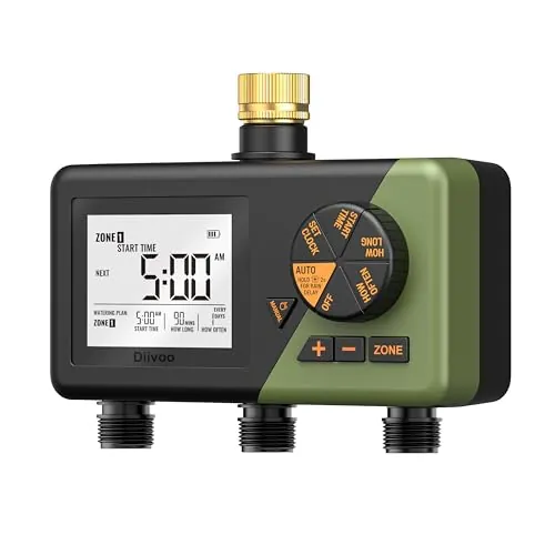 Diivoo Latón Programador Riego 3 Salidas, Temporizador Riego con Gran Pantalla LCD, Retraso por Lluvia, Riego Manual, Programador Riego Automatico para Jardín, Césped