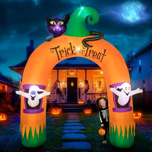 Wothfav 305CM Pies Hinchable Halloween Decoracion Exterior Fantasma Arco con Gato Negro Trick or Treat Decoración con LED Incorporadas Decoracion Halloween Puerta para Césped Jardín Fiesta Decoración