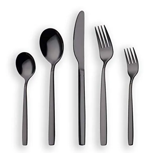 Berglander 30 piezas de titanio plateado negro conjunto de cubiertos, 30 piezas negro juego de cubiertos, cubierto de plata, servicio para 6 (negro brillante)